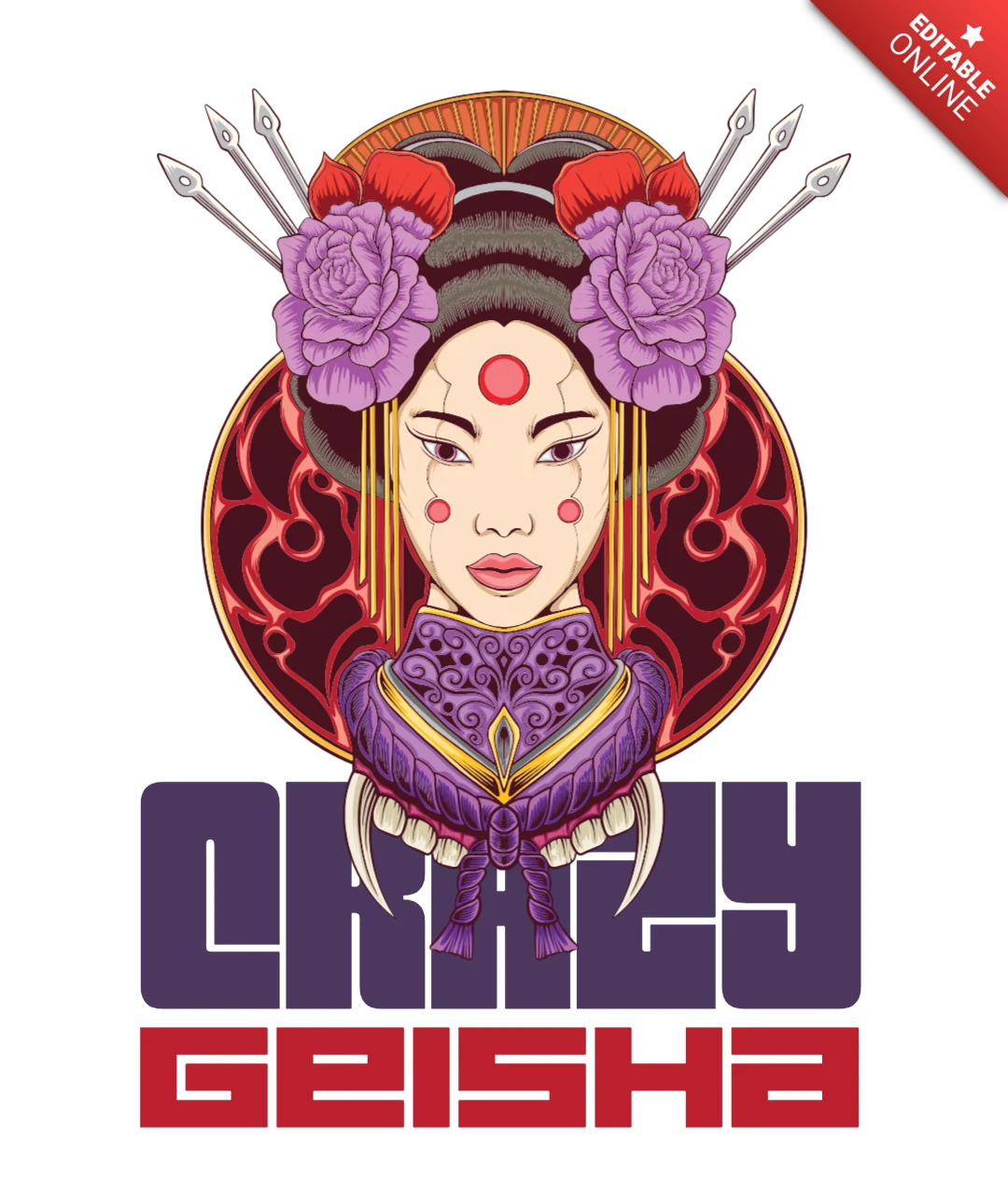 Geisha louca, estética japonesa ousada com modelo de design de camiseta gráfica pop