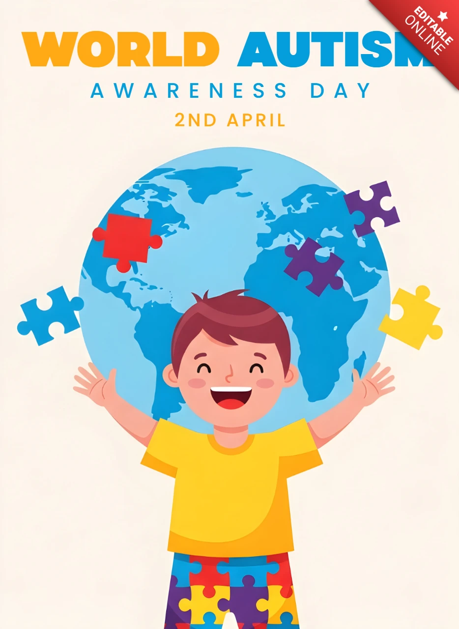 Template de cartaz colorido para o dia da conscientização do autismo com design divertido para uso educacional