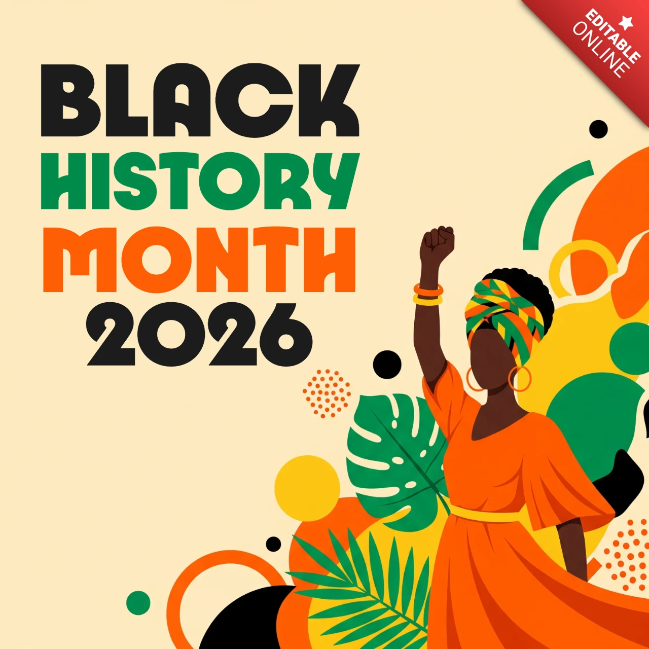 2026年ブラックヒストリーマンス文化ポスター、伝統的および現代的な衣装を着た多様な人物、太字のタイポグラフィとアフリカ風の縁取りで遺産を称える