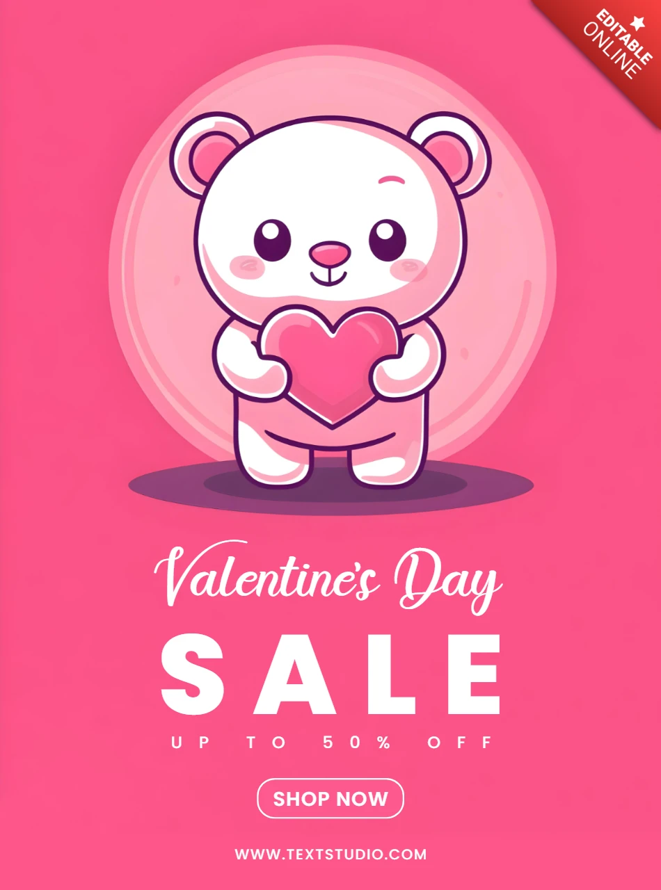 Valentine's Day Sale Template - Cute Bear Design with Up to 50% Off