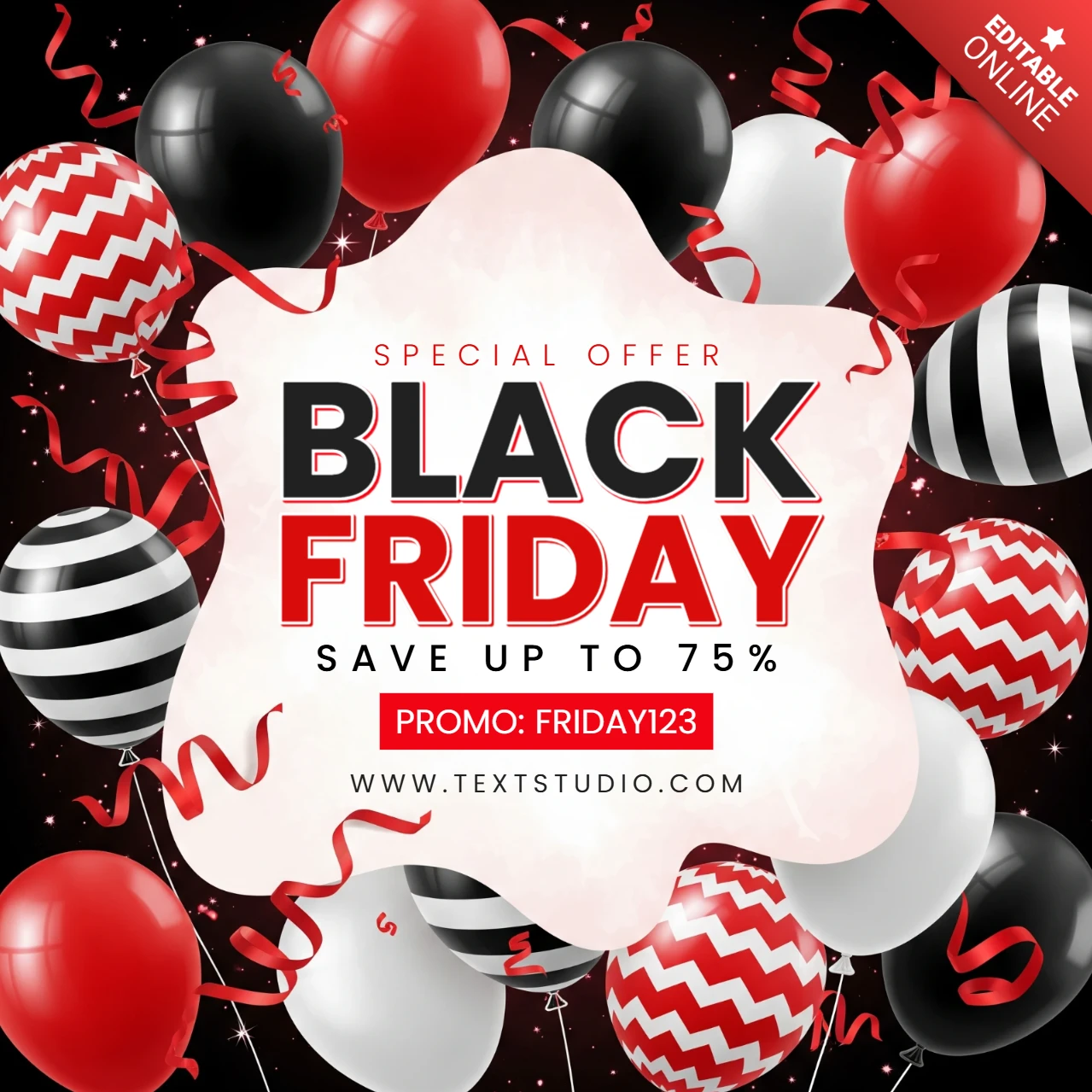 Saisonales Einkaufsplakat Black Friday-Angebot mit wolkenförmigem Textfeld, Ballons und hervorgehobenem Design-Template für Werbeaktionen