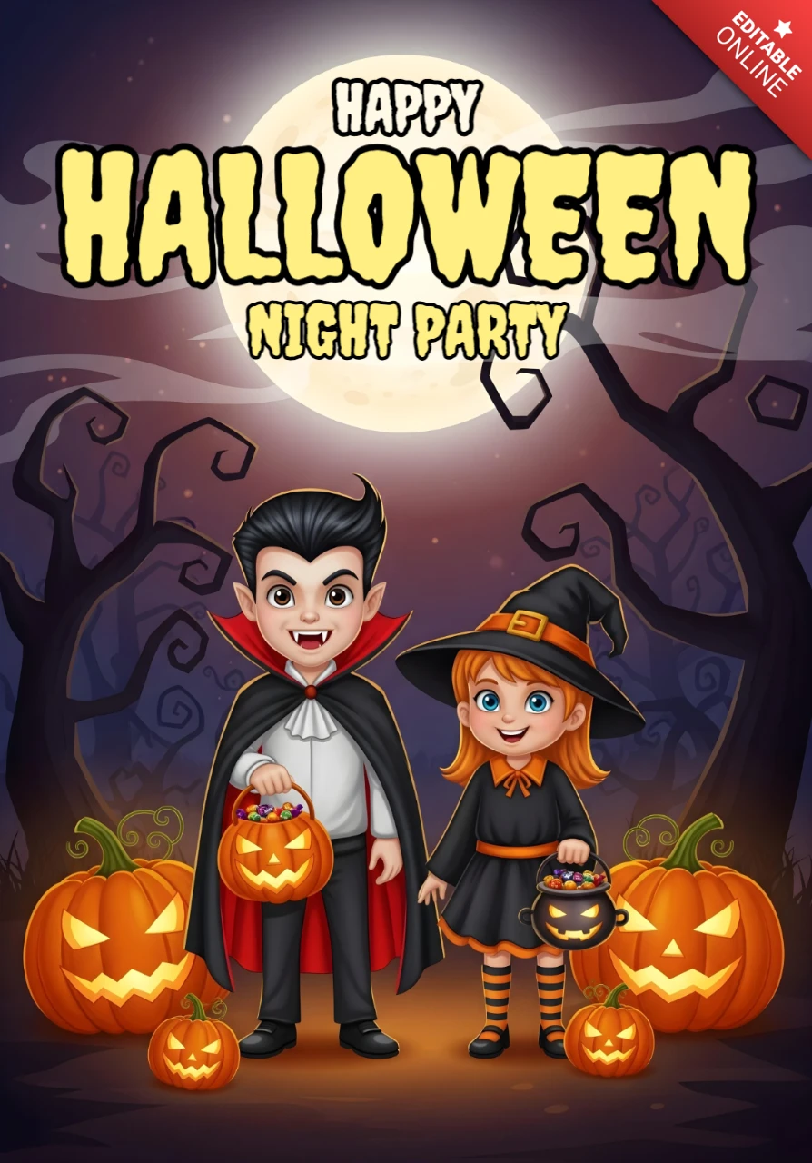 Personnages de dessin animé d'Halloween effrayants en costumes avec un design de pleine lune et d'arbres tordus pour des flyers festifs.