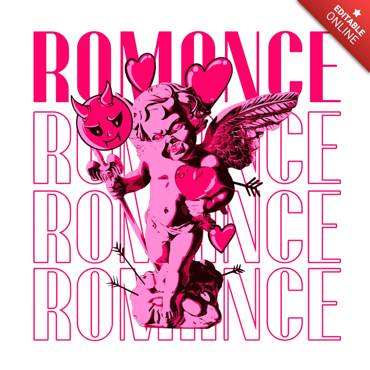 Modelo de design de camiseta de anjo do romance com pirulito de diabo e coração rosa