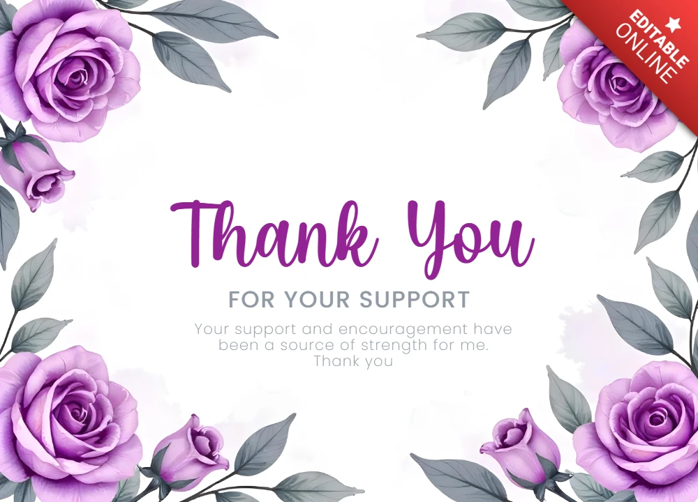 Purple Roses Watercolor Floral Thank You Card Template