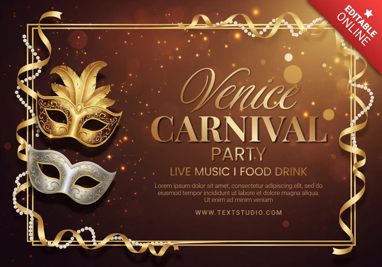 Poster elegante per il carnevale di Venezia, maschere in oro e argento con piume e luccichii su sfondo marrone.