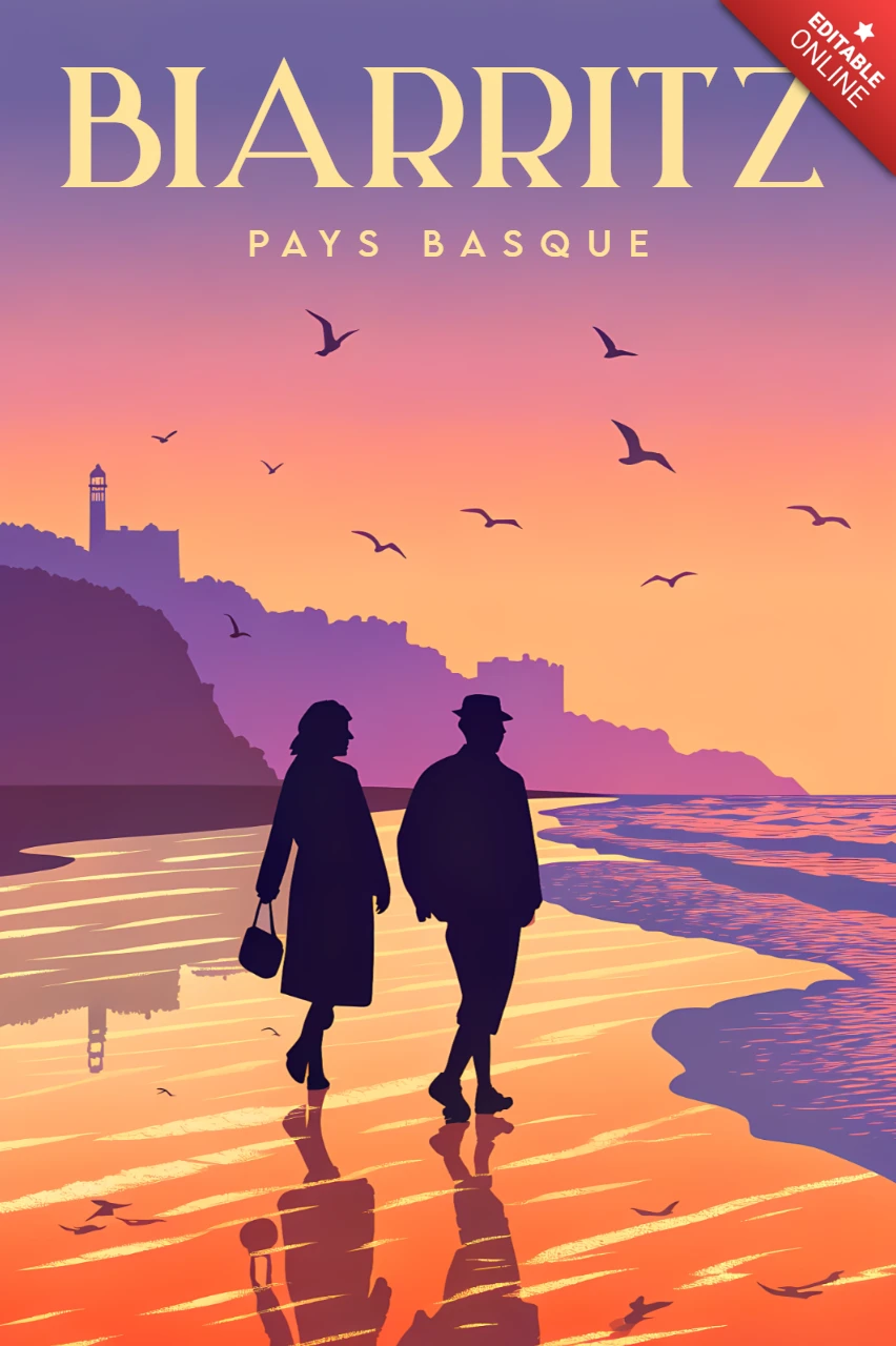 Illustrazione di una coppia vintage sulla spiaggia di Biarritz per souvenir di viaggio e template per merce.