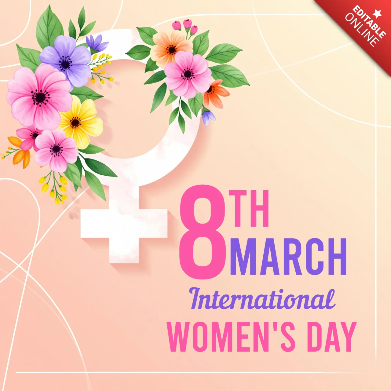 Modelo de cartaz do dia internacional da mulher apresentando símbolo de gênero, flores e gradiente pêssego festivo.