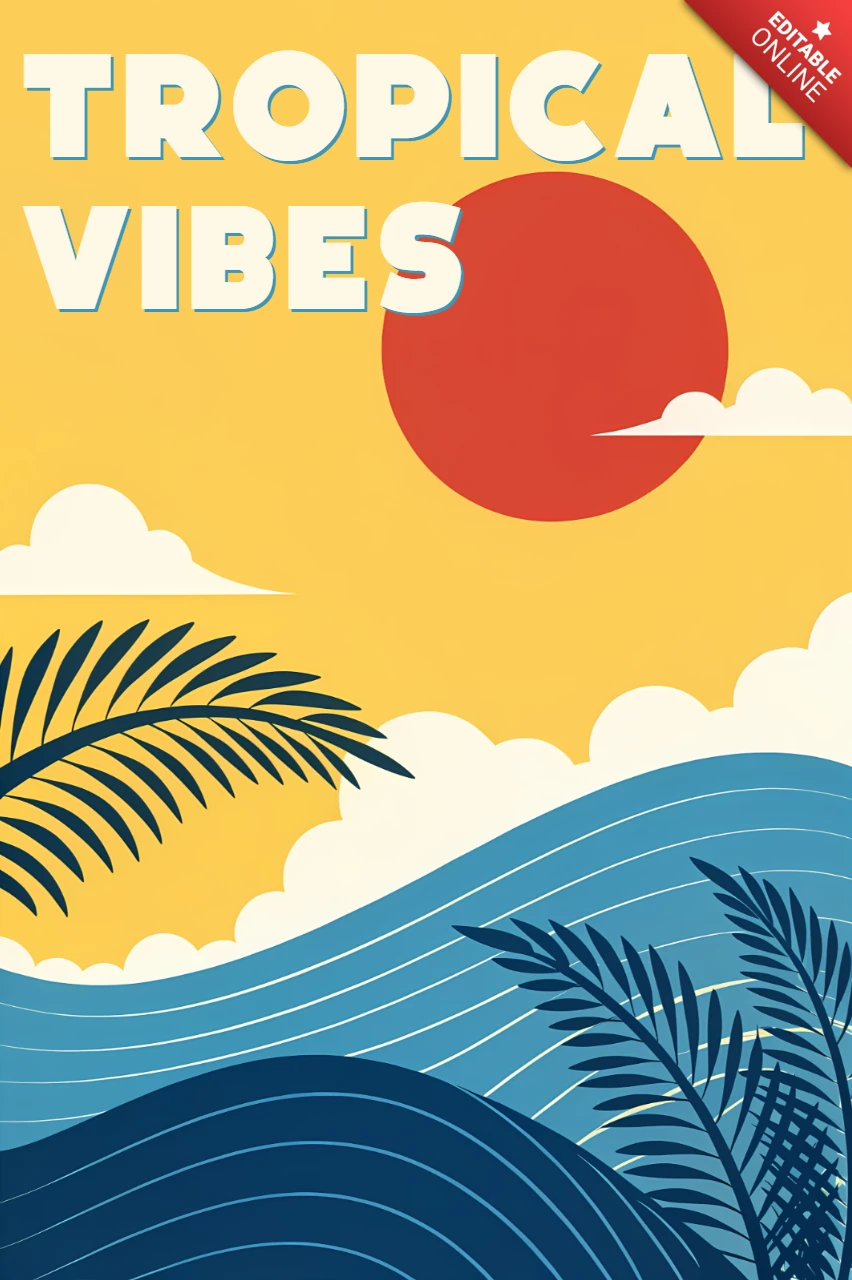 Template de design com vibrações tropicais para pôsteres e produtos imprimíveis retro.