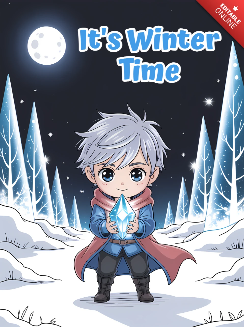 Winter Themed Cartoon Design Template for Greeting Cards Featuring a Boy with a Crystal