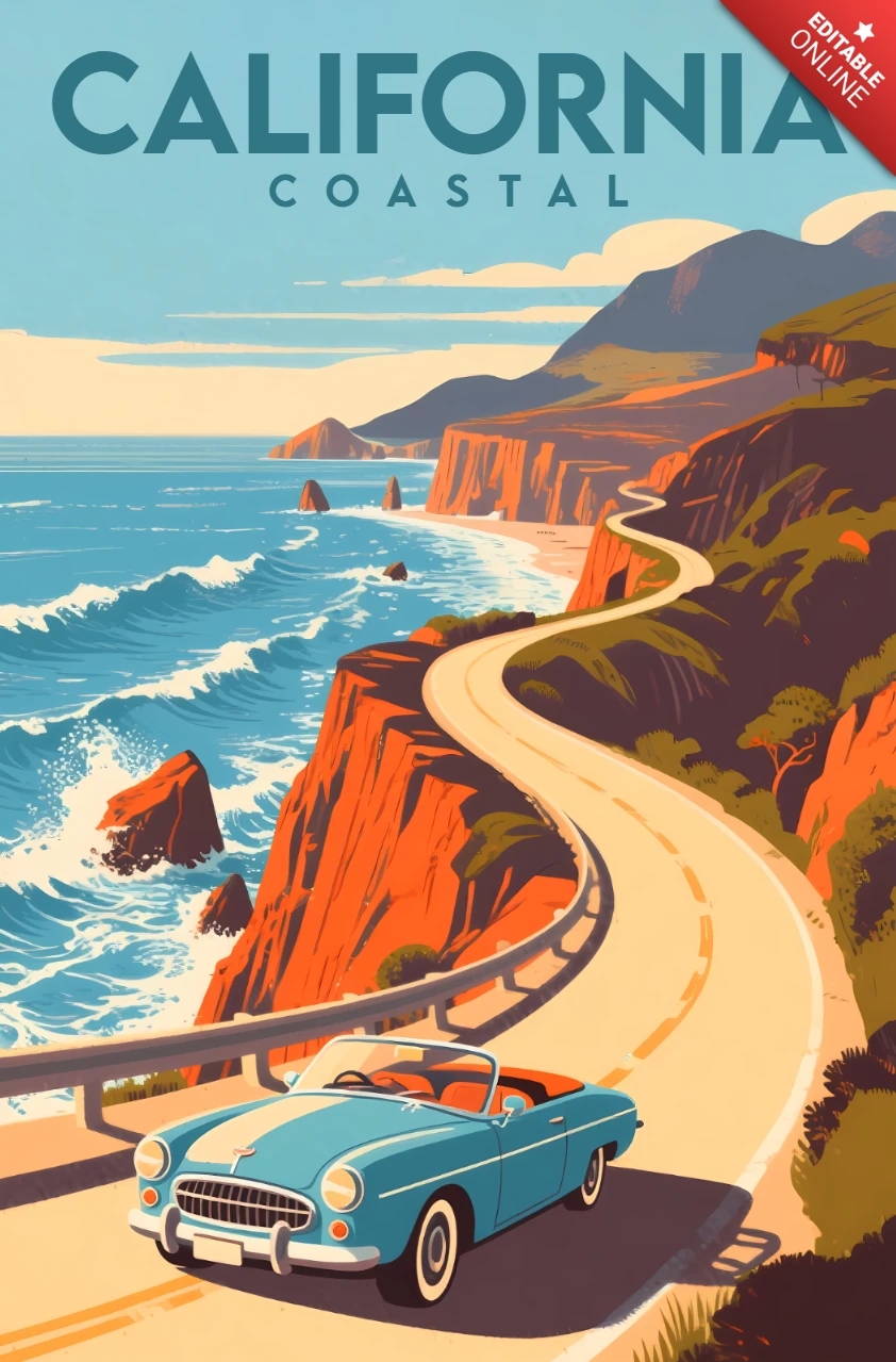 Designvorlage für Poster für einen Roadtrip an der kalifornischen Küste