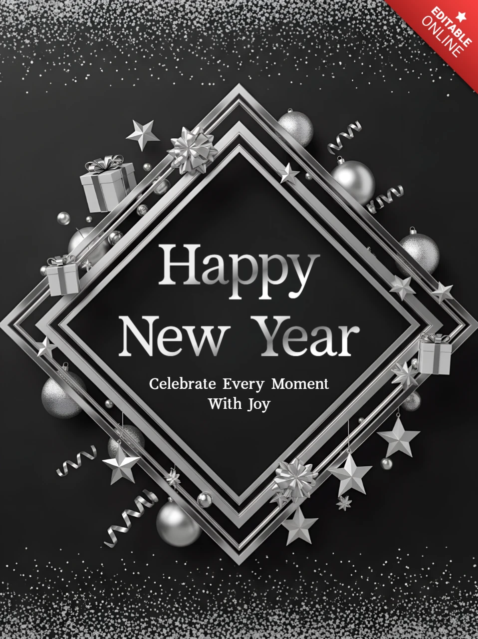 Elegantes Neujahrsfeier-Vorlagendesign mit Sternen und Geschenken für Grußkarten