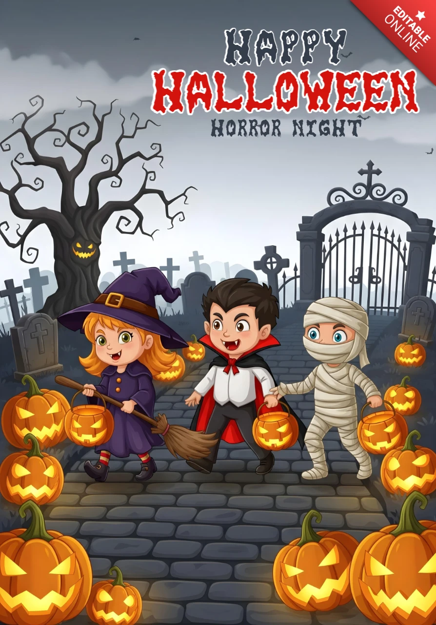 Horror Night Theme with Kids in Costumes, Iron Gates & Haunted Atmosphere Design Template for Festive Flyers