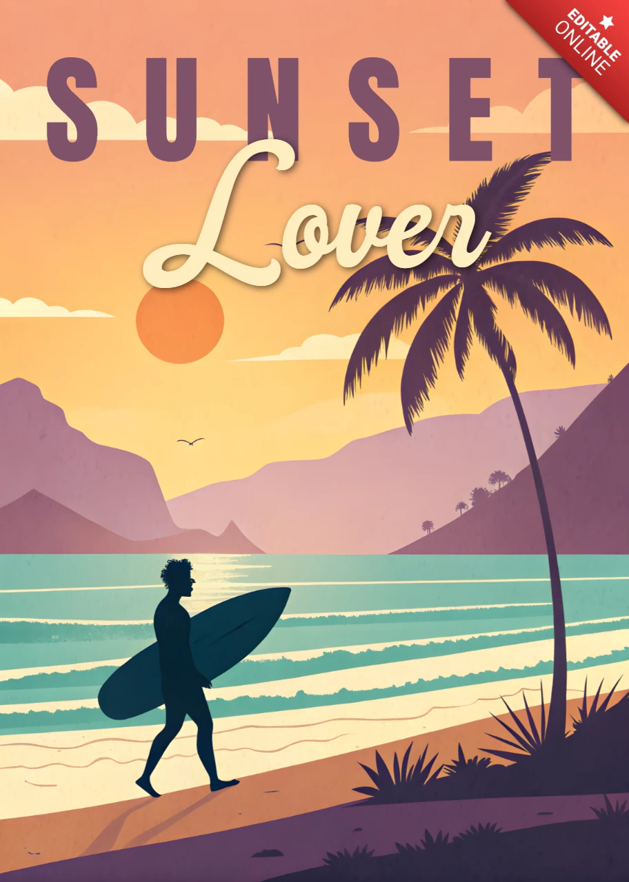 Design rétro de coucher de soleil pour vêtements de surf et modèle imprimable de marchandises