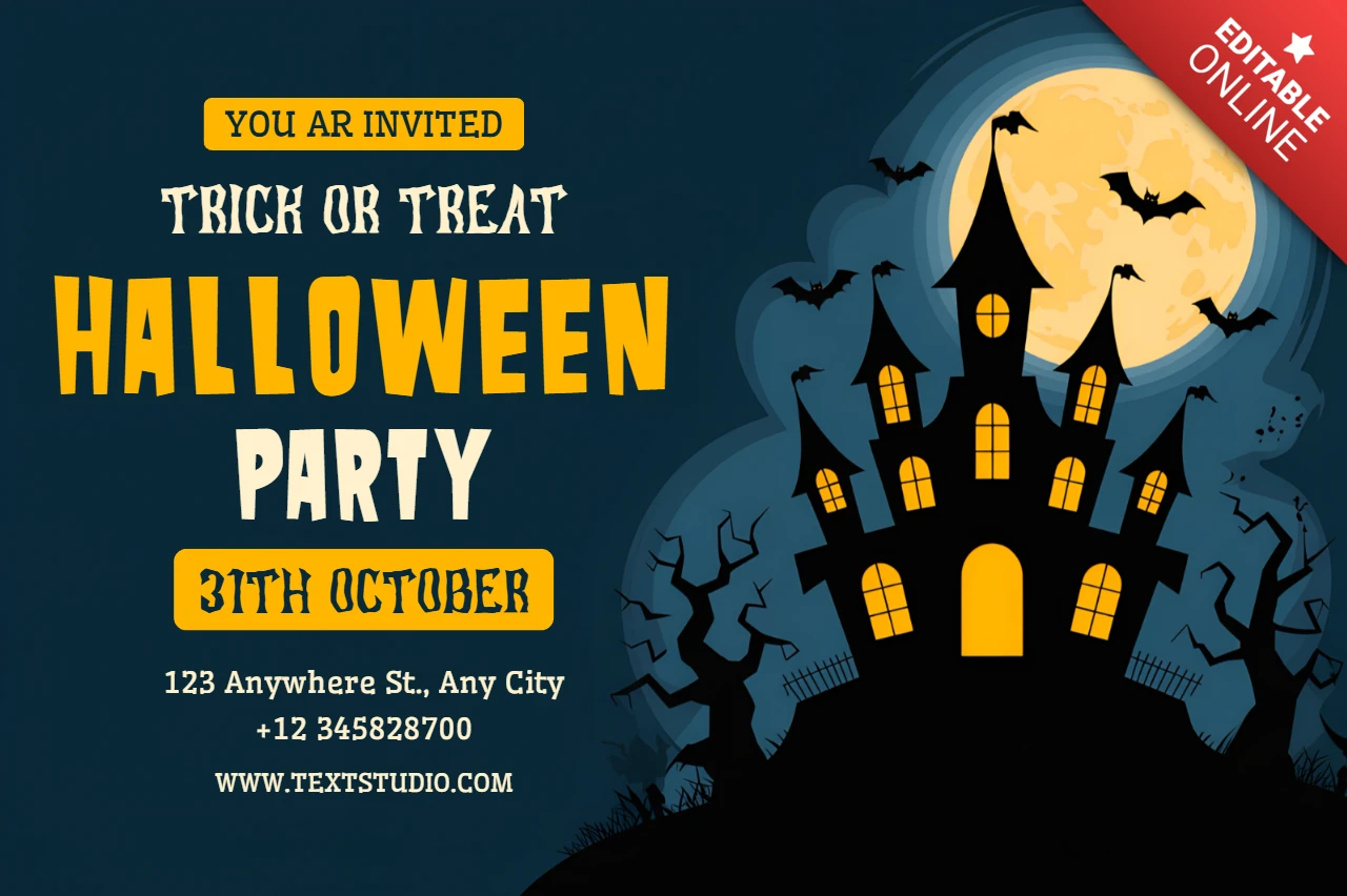 Gruselige Halloween-Party-Einladungsvorlage mit Design eines Spukhauses