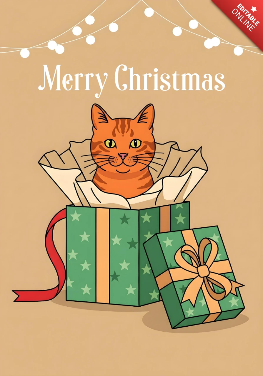 Weihnachtsgrußkarte orangefarbener Tabby-Kater in einem sternenklaren grünen Geschenkkarton mit Geschenkpapier und Lichterketten-Designvorlage