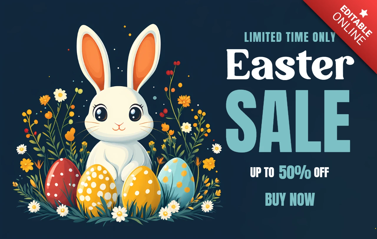 Whimsical Easter Sale Design Template with Cute Bunny and Colorful Eggs