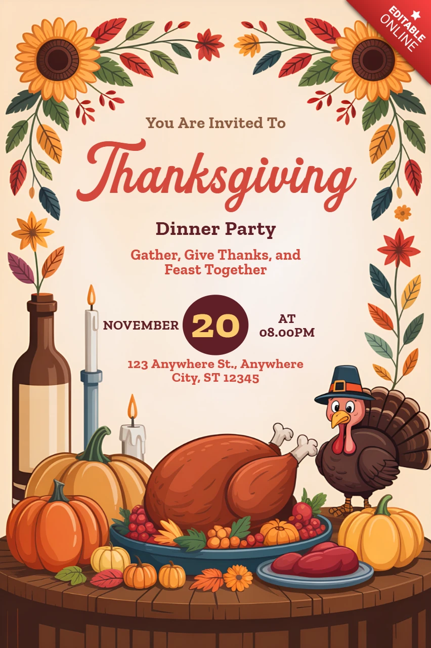 Thanksgiving Dinner Party Invitation Template with Rustic Design Featuring Turkey and Autumn Elements
