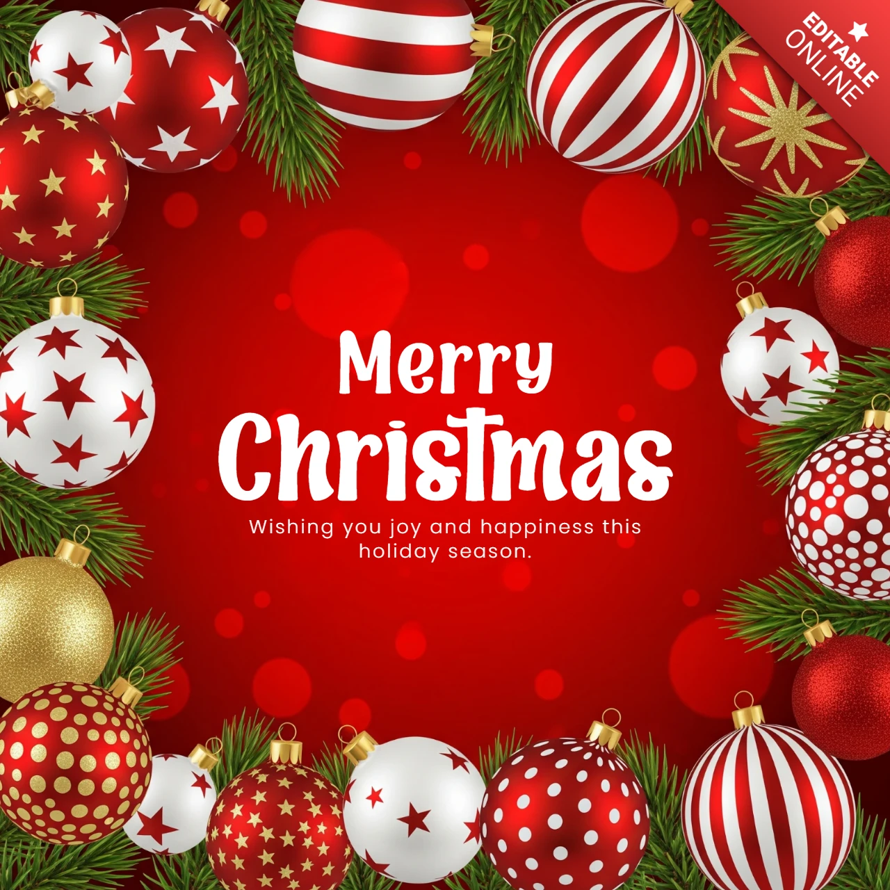 Festive Garland with Red and Gold Ornaments Surrounding Merry Christmas Greeting and Warm Wishes Design Template
