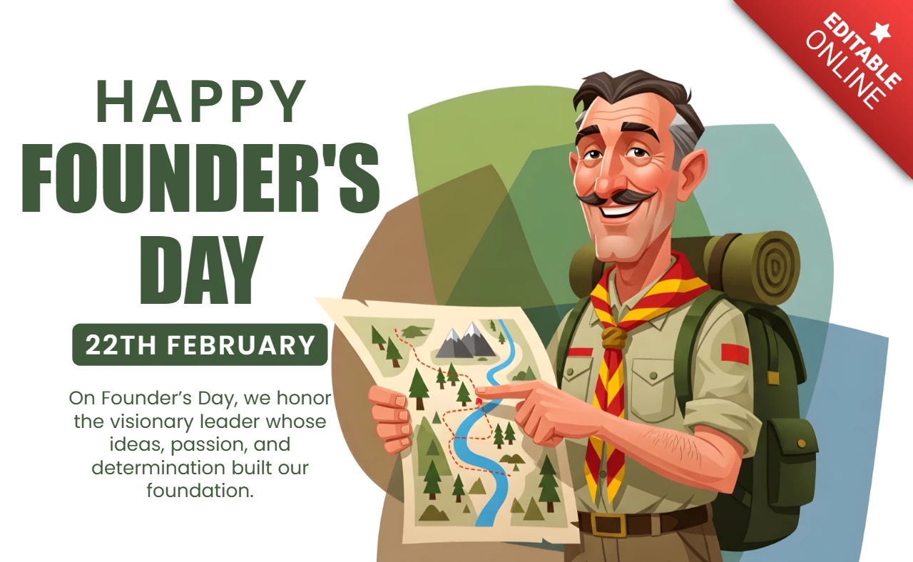 Founder’s Day Celebration Design Template with Adventurous Explorer and Map for Greeting Card