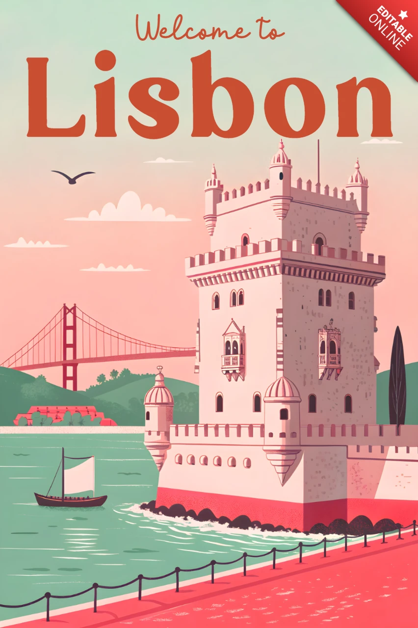 Lisbon Cityscape Vintage Design Template for Travel Posters