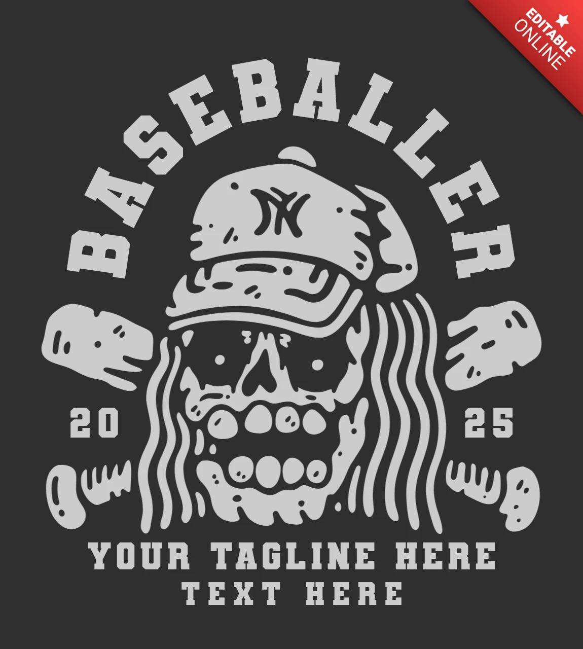 Honkbalspeler met schedel met honkbalhoed t-shirt ontwerpsjabloon
