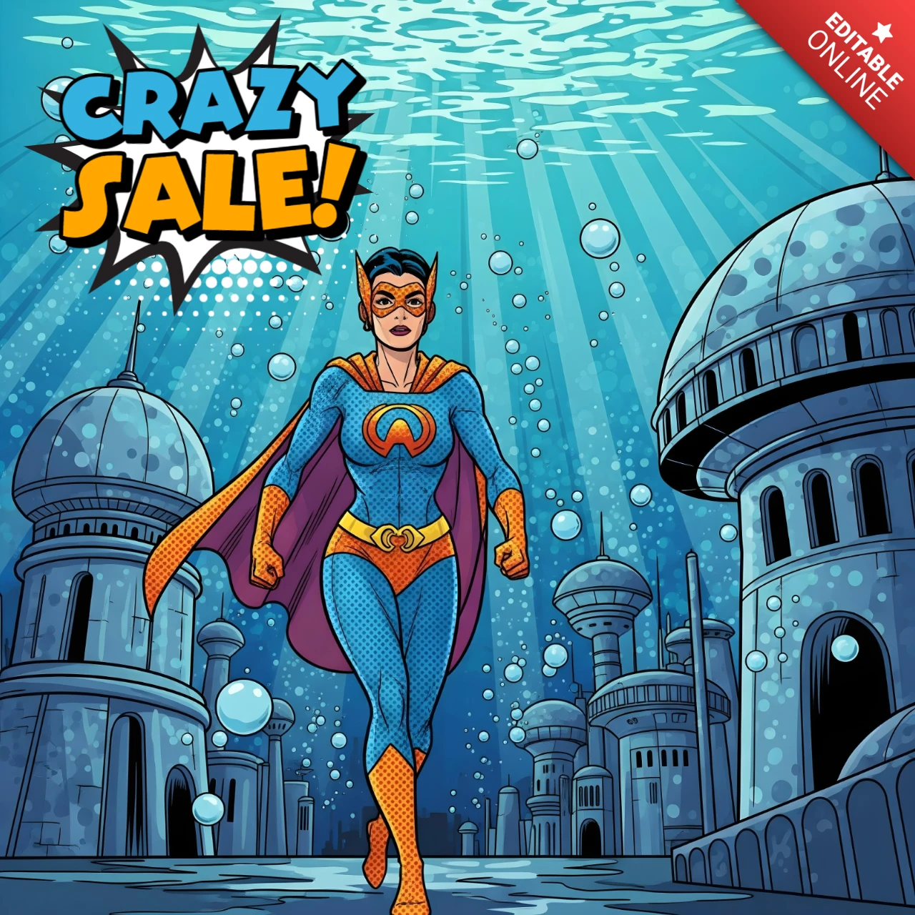 Unterwasserstadt Superhelden Comic Stil verrückter Verkaufs Kunst mit futuristischen Kuppeln & Blasen Design Vorlage für Werbeflyer