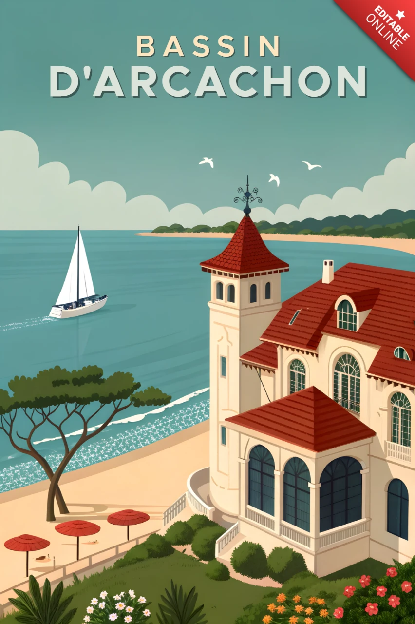 Vintage Coastal Villa in Arcachon Design for Travel Retro Flat Posters