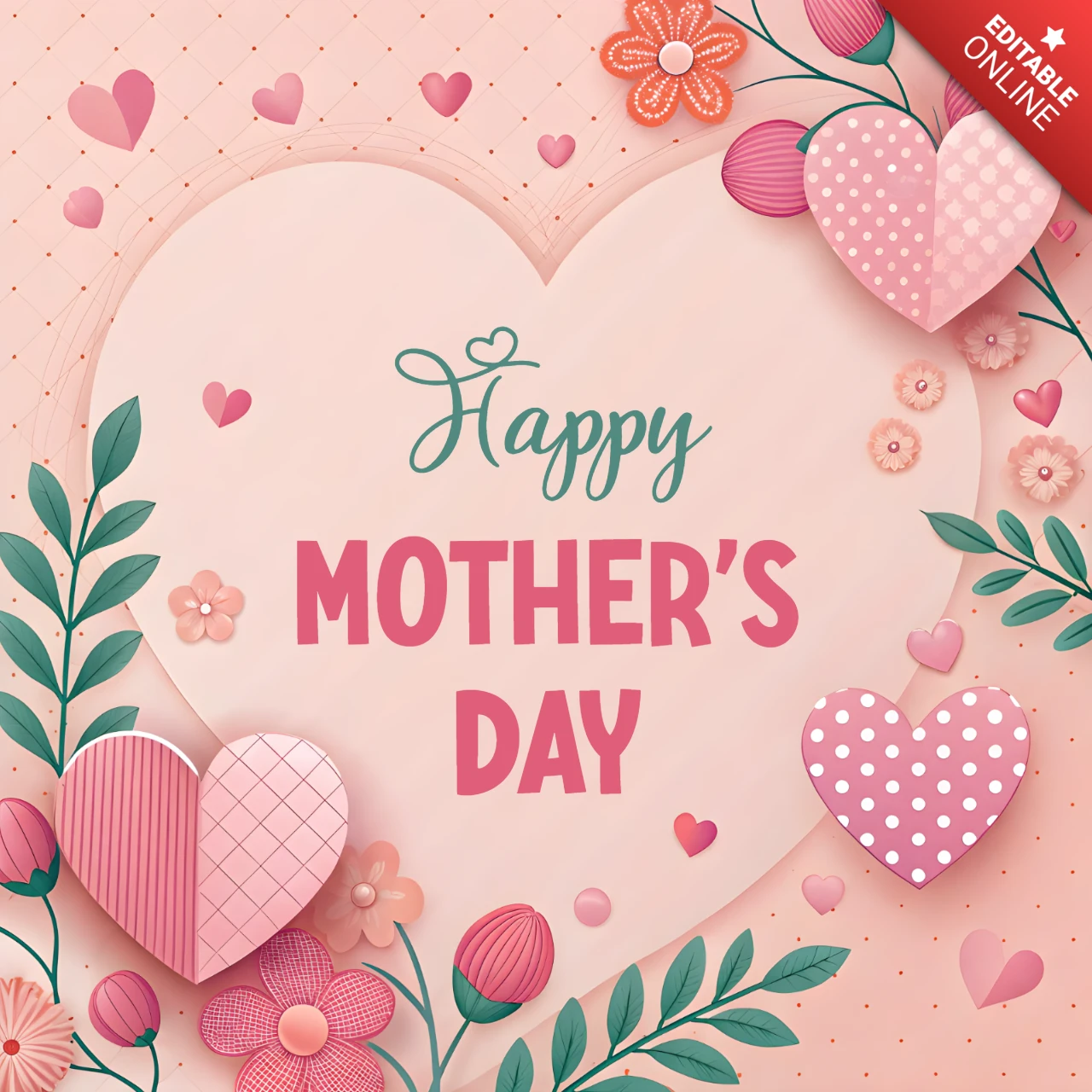 Editable Mother's Day Greeting Card Template - Floral and Heart Design