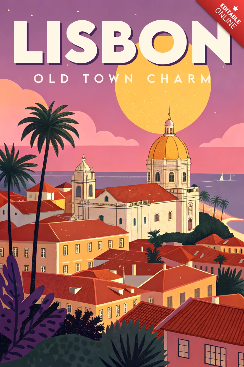 Template de design de charme do velho bairro de Lisboa para pôsteres de viagem retro.