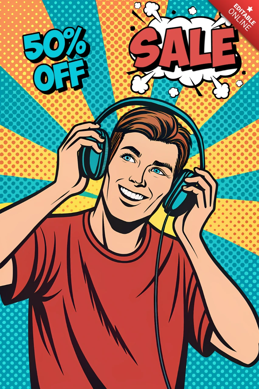 Template de design de venda de pop art para cartazes promocionais com homem feliz usando fones de ouvido.