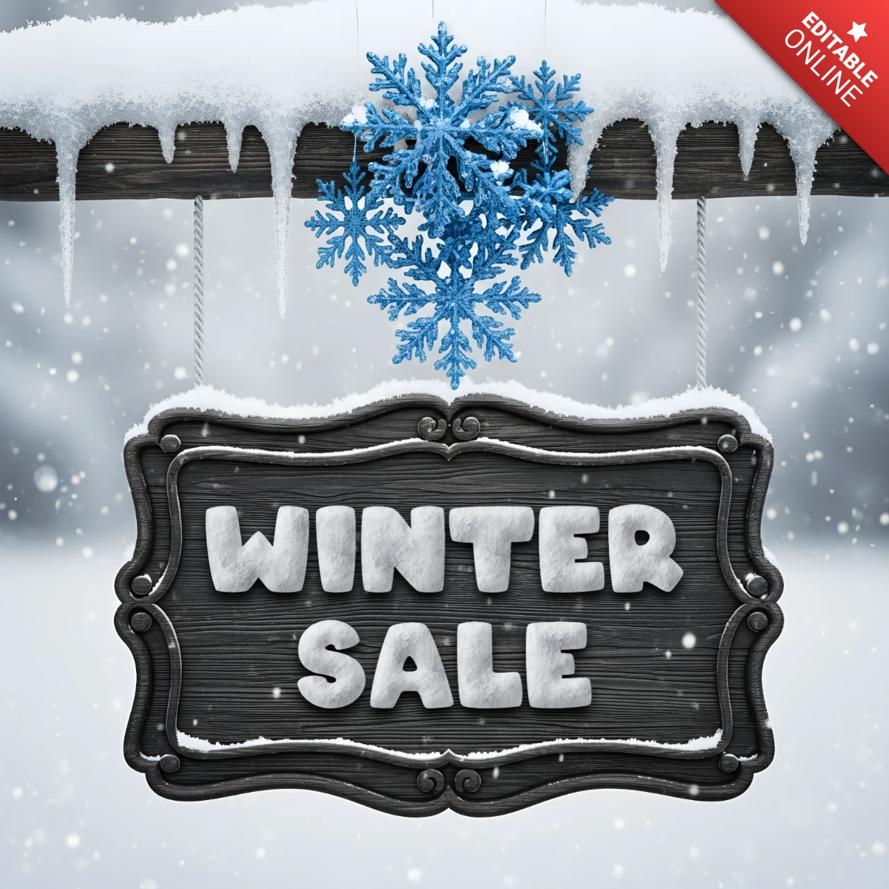 Winter Sale Design Template with Snowflake and Rustic Sign for Promotional Flyers