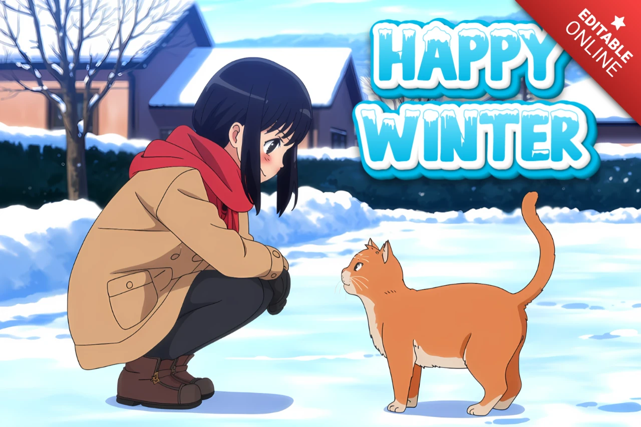 Winter-Themen Anime-Designvorlage mit Mädchen und Katze für Grußkarten