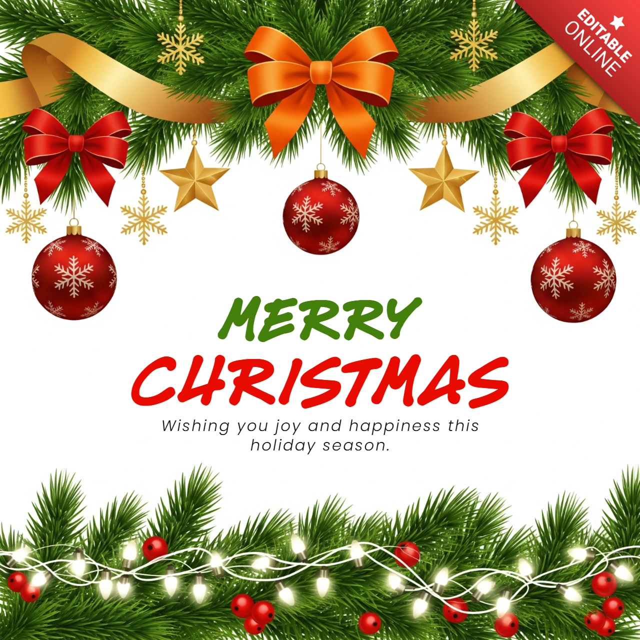 Pine Garland with Golden Stars, Snowflakes, and Red Baubles Surrounding Merry Christmas Greeting and Warm Wishes Design Template