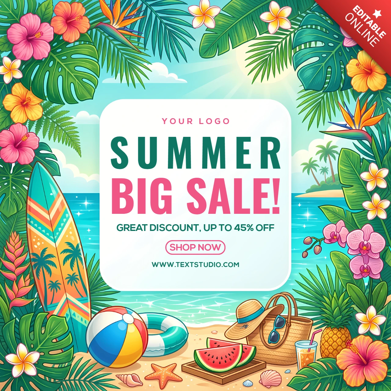 Banner promocional de grande liquidação de verão com elementos tropicais de praia e férias