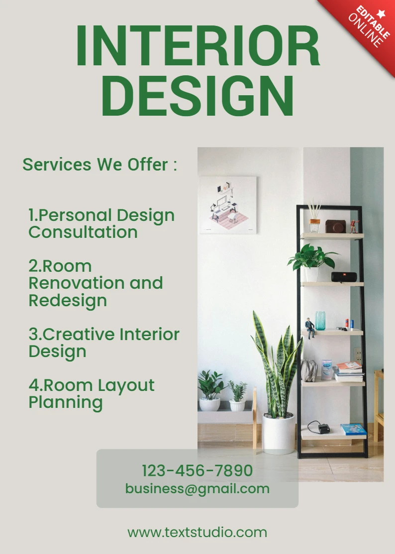 Modelo de design de interiores moderno para promoção de serviços com elementos de plantas
