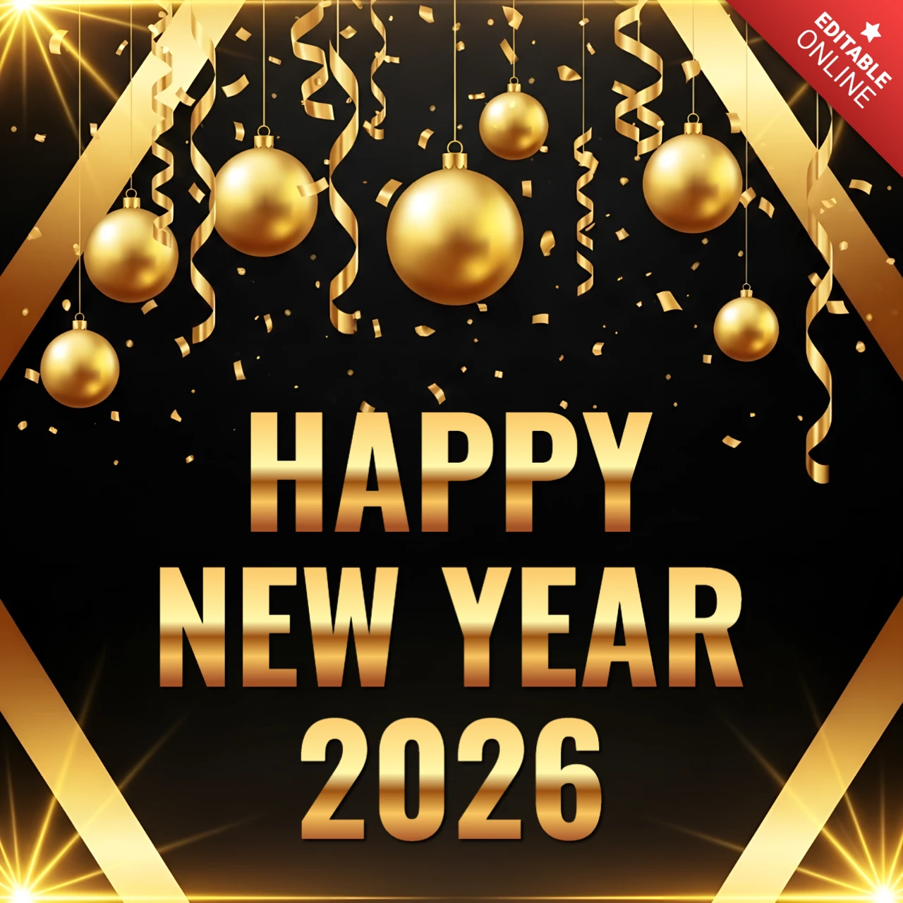 Elegant New Year 2026 Celebration Template with Gold Ornaments Design for Greeting Cards