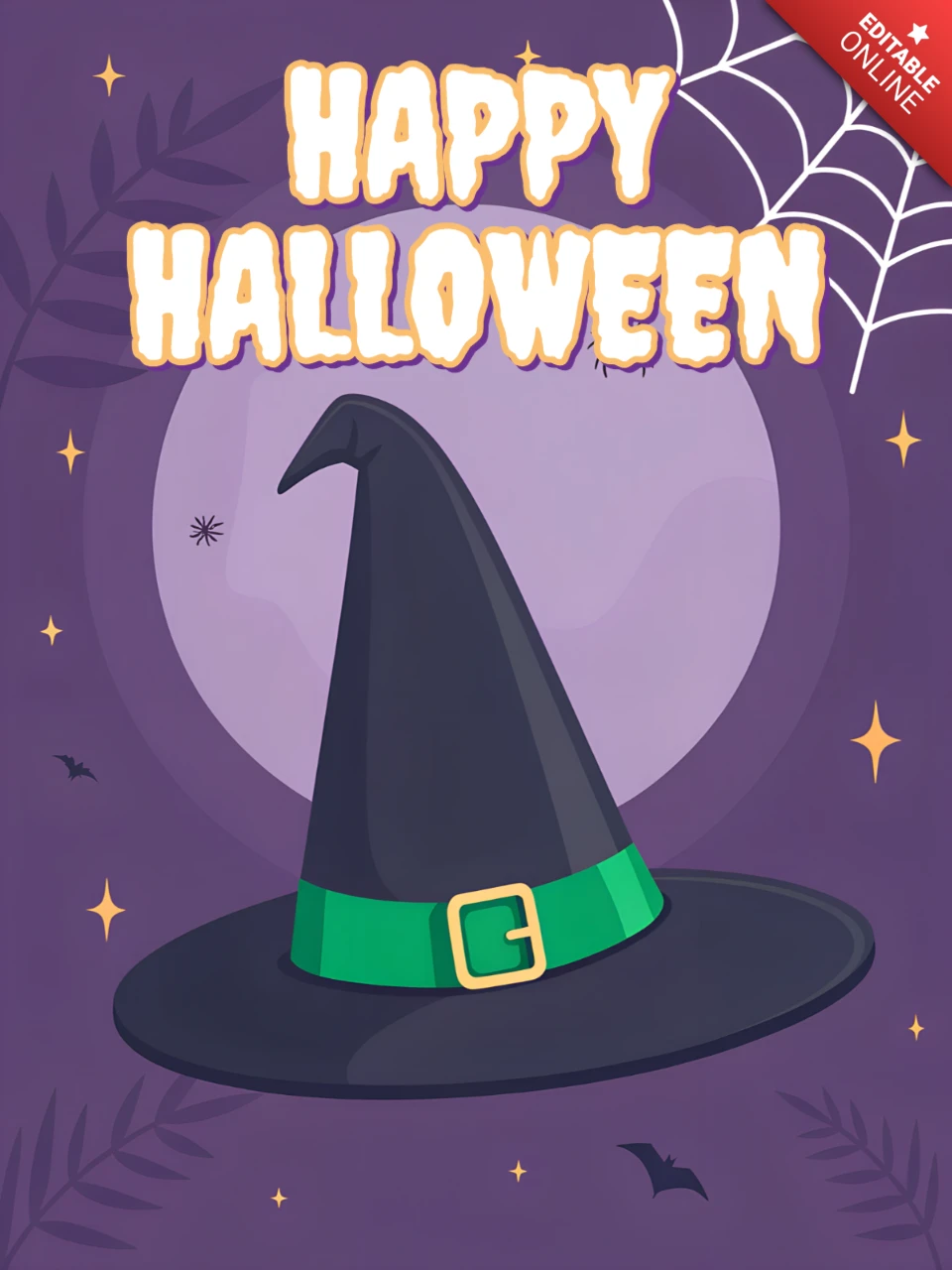 Diseño de sombrero de bruja caprichoso en púrpura para plantillas de carteles y tarjetas de felicitación de Halloween.