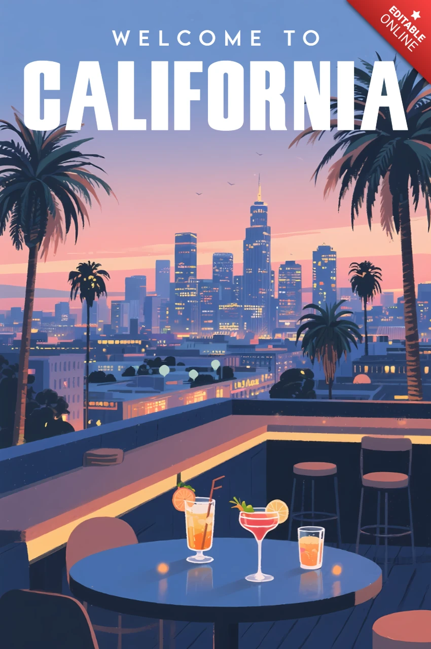 Tramonto californiano su un attico design retro per manifesti di viaggio