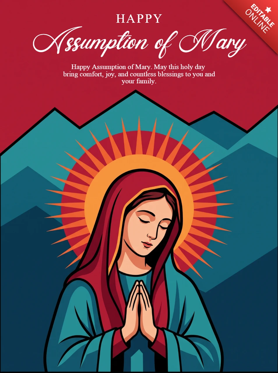 Feast of Assumption Sacred Poster Virgin Mary Halo Radiant Glow Red Sky Blue Mountains Spiritual Nostalgia Illustration Design Template