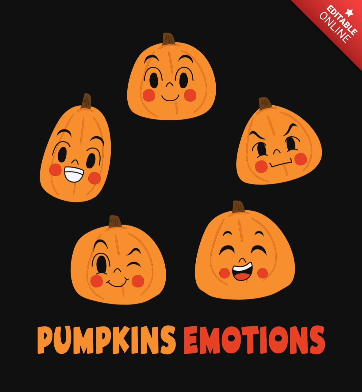 Modelo de design de camiseta com emoções de abóboras kawaii