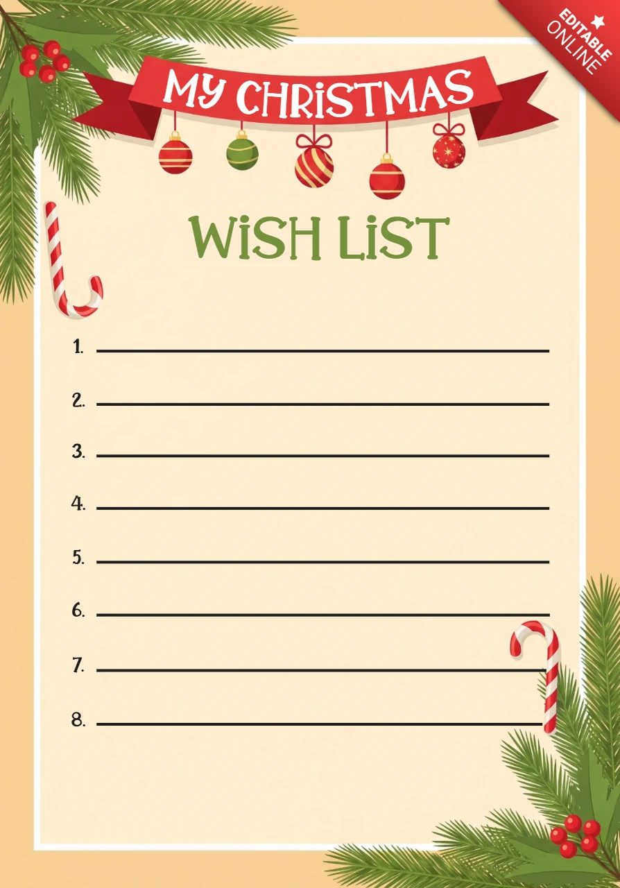 Modelo de lista de desejos de Natal com design festivo, incluindo bastões de doce, ramos de pinheiro e enfeites pendurados para planejamento de festas.