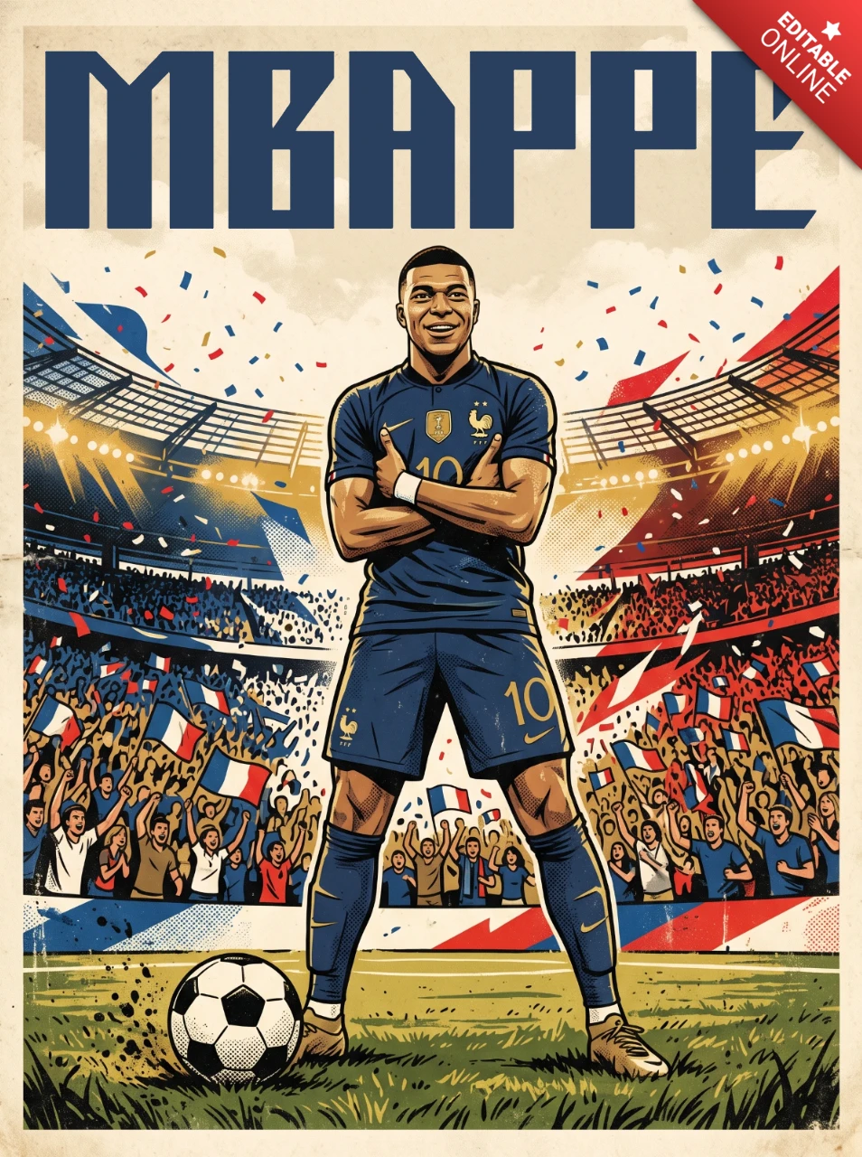 Retro Style Kylian Mbappé Soccer Poster – Nostalgic French Football Illustration Standing with Ball, Confetti Celebration and Old‑School Stadium Atmosphere