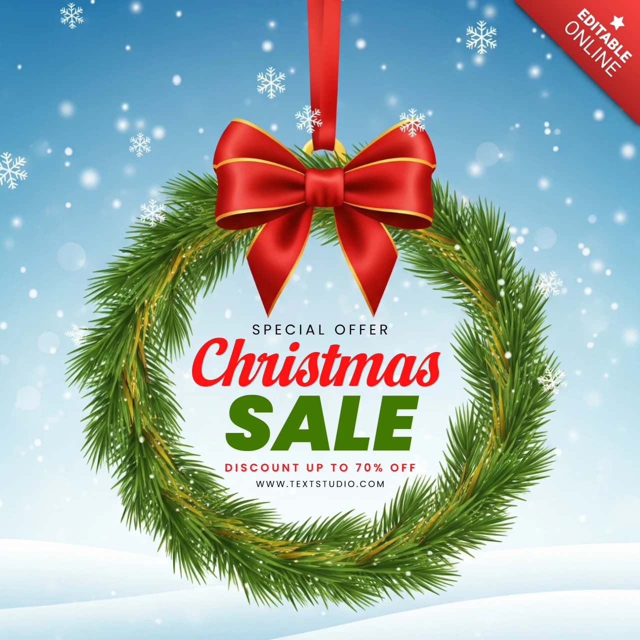 Weihnachtsmarketing-Plakat mit festlichem Verkaufsdesign, das mit Tannendekor und elegantem saisonalen Glanz gestaltet ist.