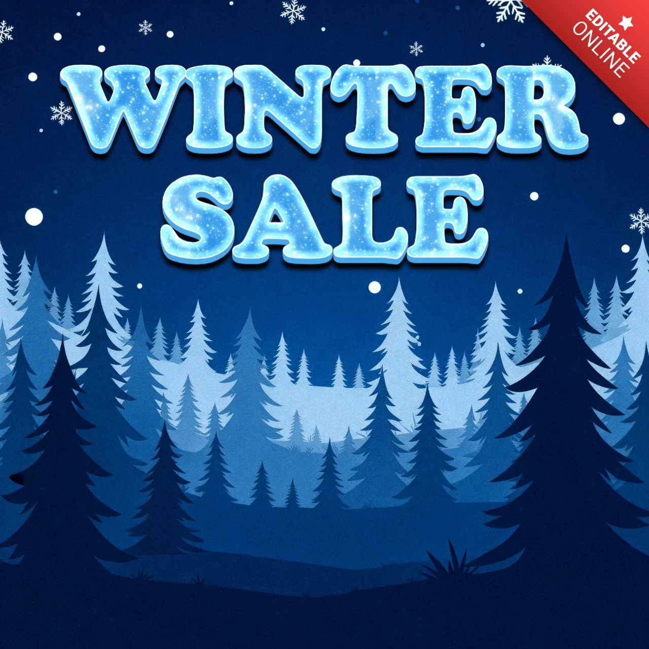 Wintersaison-Verkaufsgestaltungs-Vorlage mit beschrifteter Typografie und Hintergrund eines Kiefernwaldes für Werbeflyer