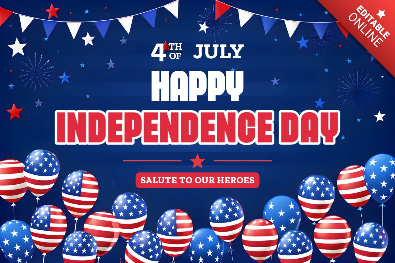Template de celebração do dia da independência dos EUA com design de balões patrióticos.