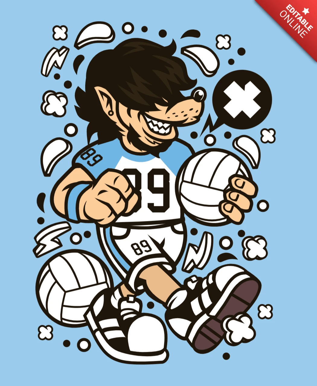 Wolf Volley Ball Player Cartoon Character Poster Design Template