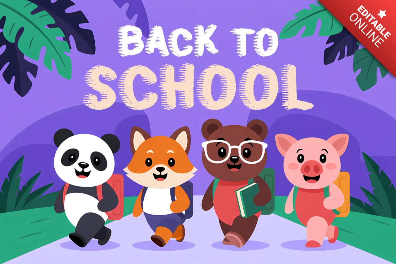 かわいい動物キャラクターをフィーチャーした子供向け教育資料のための学校に戻るデザインテンプレート