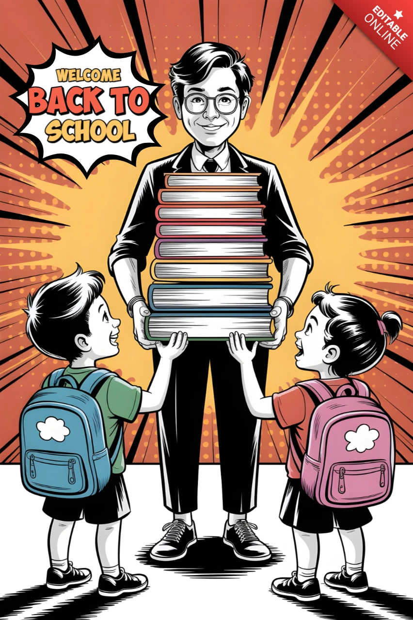 Professor de volta às aulas segurando uma pilha de livros com alunos se estendendo em um template de design de pôster em estilo de quadrinhos.