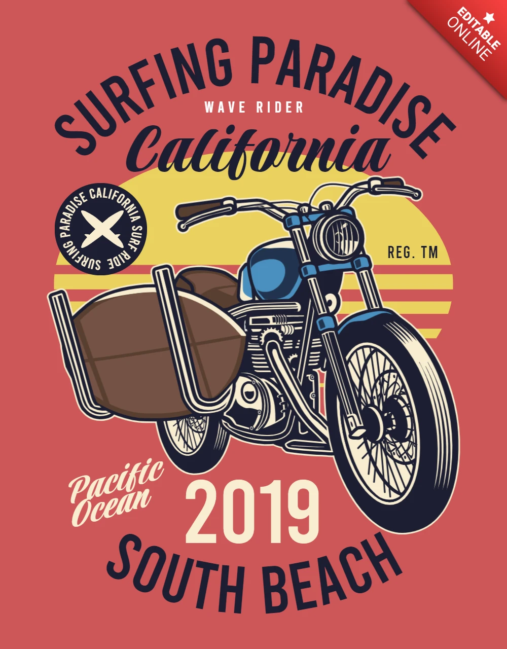 サーフボードに乗るバイクのTシャツデザインテンプレート