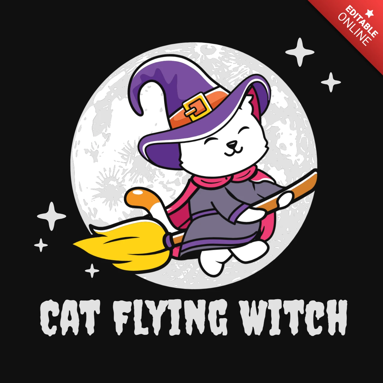 Lustige katze fliegende hexe t-shirt design vorlage